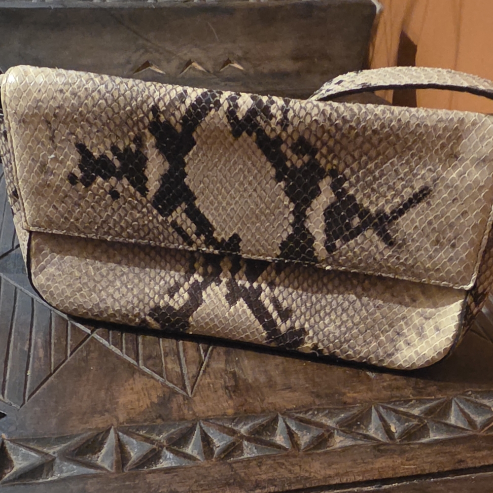 Ann Taylor Snakeskin-Print Clutch in Beige and Black